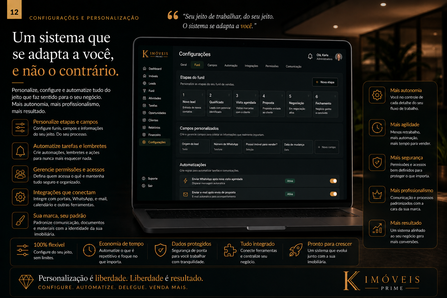 Slide de configurações e personalização.
